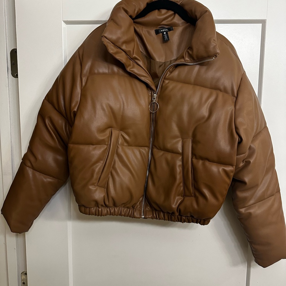 Aqua Faux Leather Jacket in Warm Brown - Picture 2 of 5